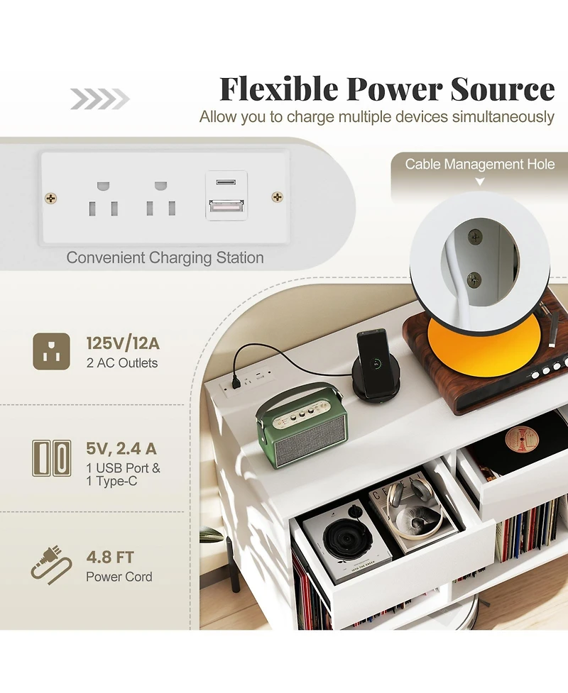 Sugift Double Wide Record Player Stand with Power Outlets and Storage