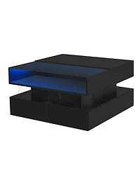 Rainsken Modern Square Lift-Top Coffee Table with 2 Drawers, Hidden Storage, Led Lighting and High-Gloss Surface for Living Room