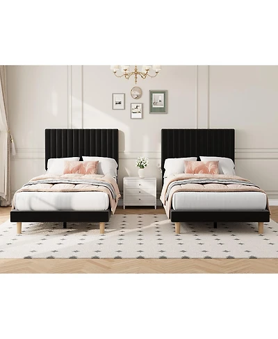 gaomon Set of 2 Velvet Upholstered Platform Beds with Adjustable Tufted Headboard – Vertical Channel Design