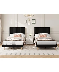 gaomon Set of 2 Velvet Upholstered Platform Beds with Adjustable Tufted Headboard – Vertical Channel Design