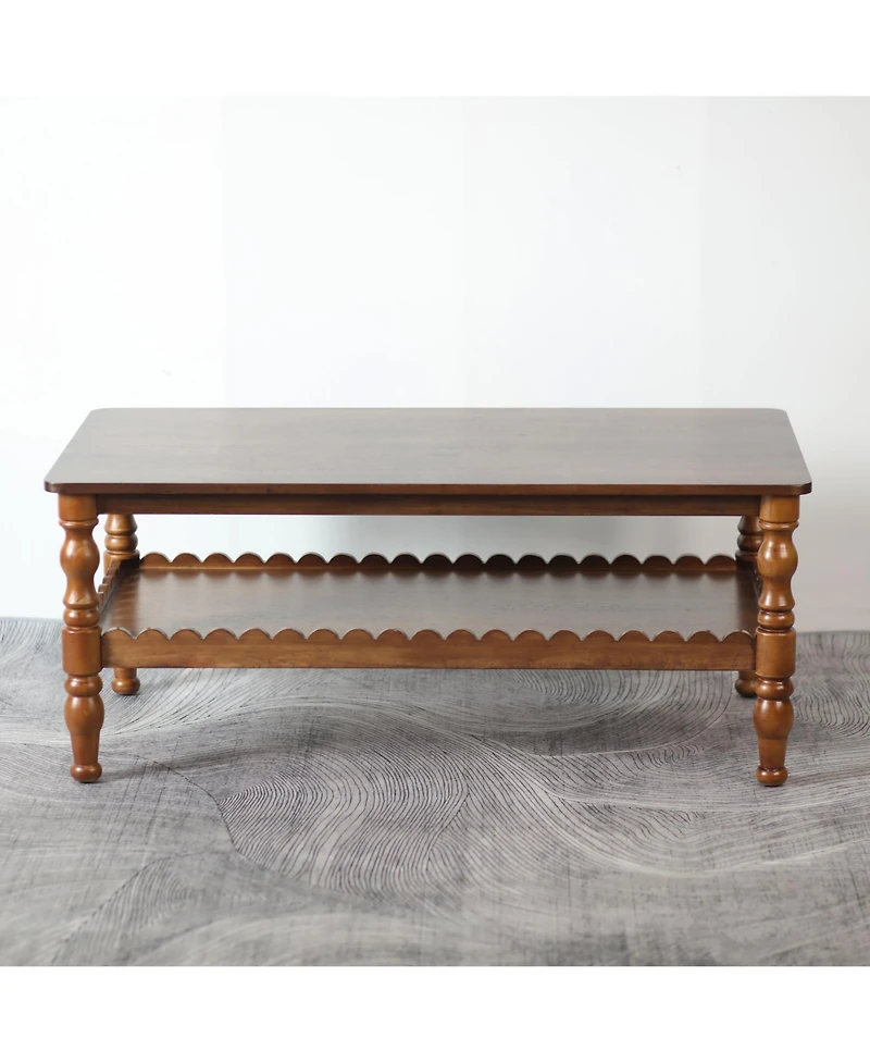 Rainsken Rectangle Coffee Table, Solid Wood Center Table, Farmhouse 2-Tier Sofa Table, Wave-Edge Design for Living Room