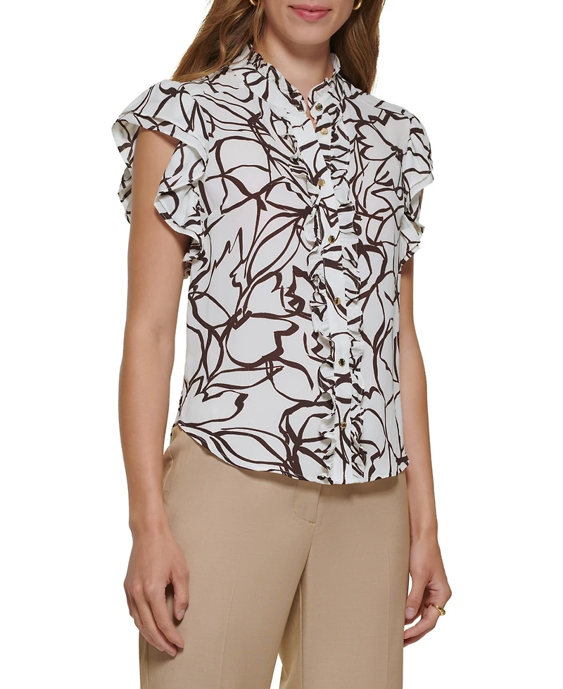 Dkny Petite Flutter Short-Sleeve Mock Neck Blouse