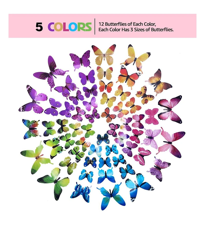 Gnuadz 60pieces Butterfly Wall Decor Plastic Art Decorations Birthday Wedding Christmas Party Cake Removable Stickers