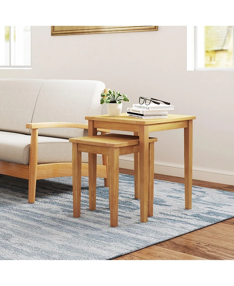 Gymax 2 Pcs Patio Nesting Table Teak Wood Outdoor Space Saving Design Square End Table