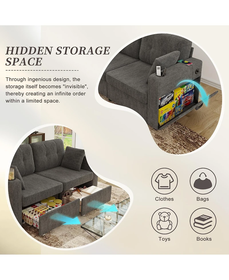 Rainsken 67" Chenille Loveseat Sofa, 2-Seater Couch with Storage, Usb Charging and Cup Holders for Living Room and Apartment