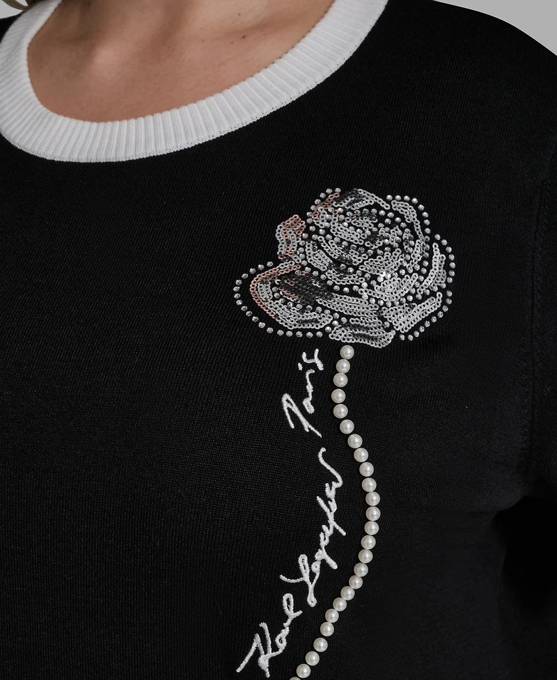 Karl Lagerfeld Paris Plus Pearl Flower-Detail Pull-On Sweater