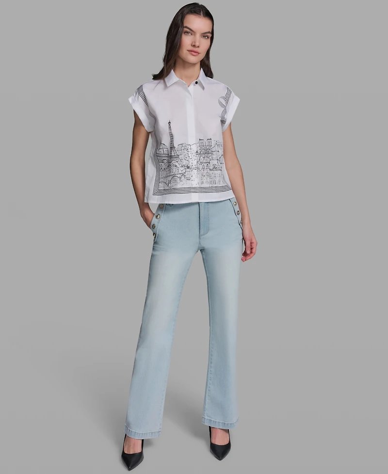 Karl Lagerfeld Paris Petite Bow Scenic Poplin Collared Shirt