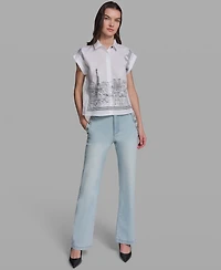 Karl Lagerfeld Paris Petite Bow Scenic Poplin Collared Shirt