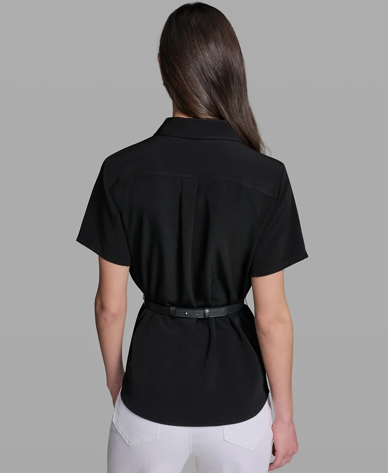 Karl Lagerfeld Paris Petite Rosette Belted Collared Blouse