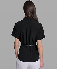 Karl Lagerfeld Paris Petite Rosette Belted Collared Blouse