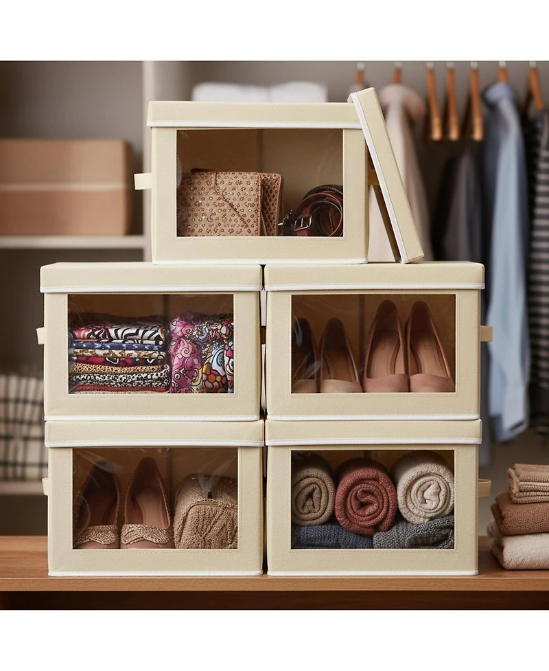 Yigii Stackable Storage Bins With Lids Foldable Closet Organizers Transparent Window Removable Firm Handles 4 Pack