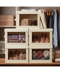 Yigii Stackable Storage Bins With Lids Foldable Closet Organizers Transparent Window Removable Firm Handles 4 Pack