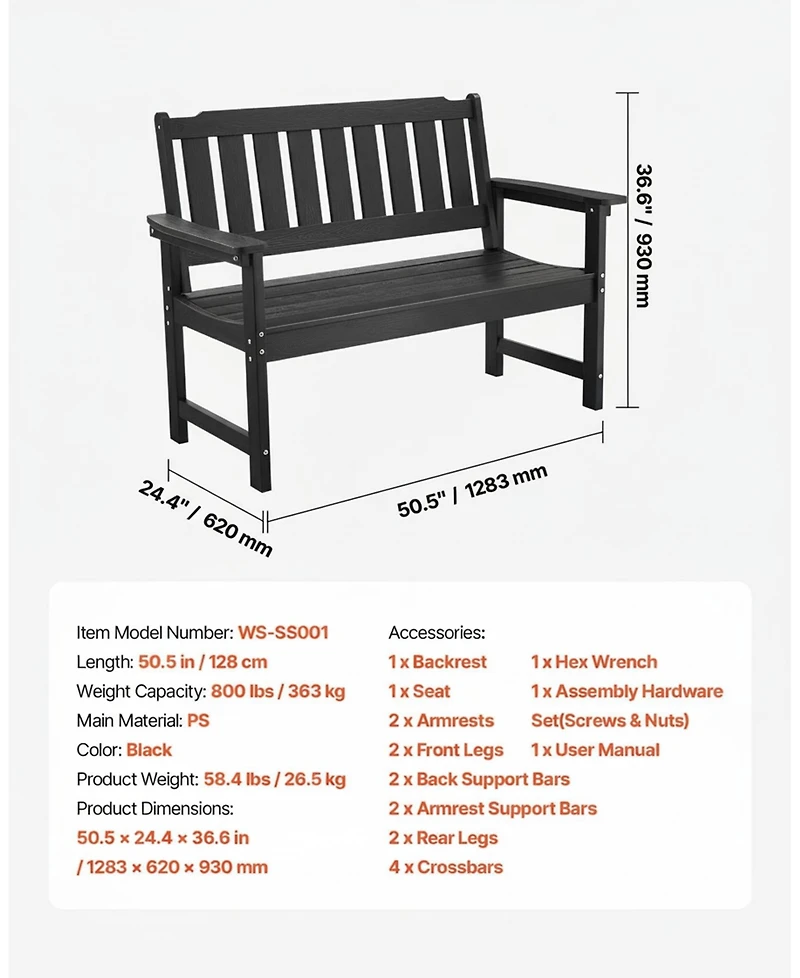 Gouun Patio Park Bench 36-Inch Weatherproof