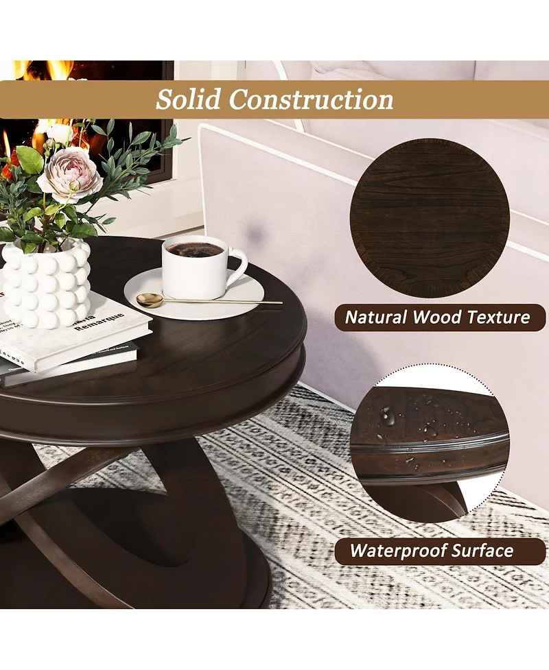 Rainsken X-shape Base Coffee Table, 22" Retro Round Wooden Center Table for Living Room, Small Space