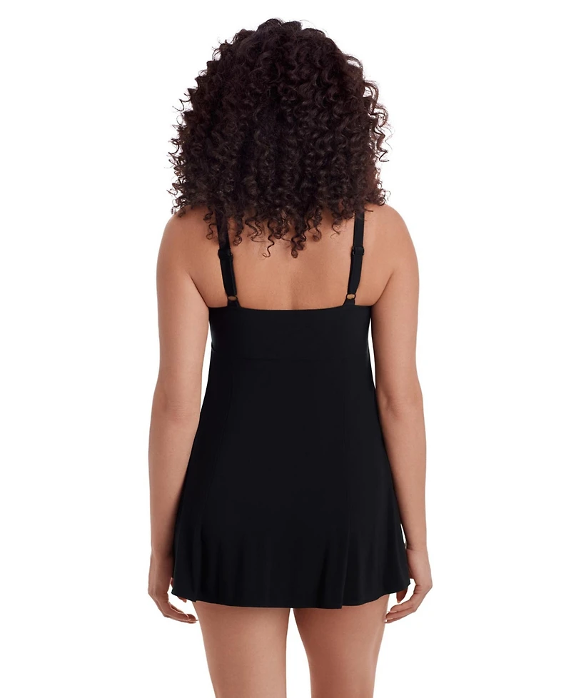 Longitude Women's Solid Black Ruffle Front Long Torso Swim Dress