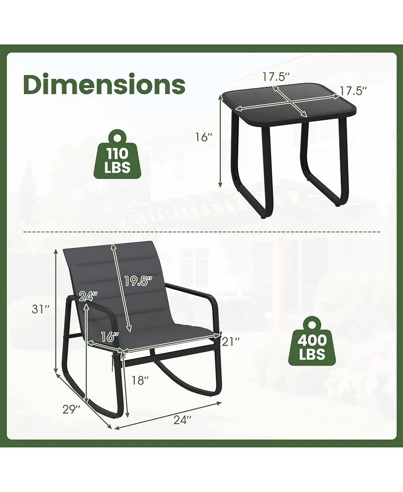 Slickblue 3 Piece Patio Rocking Chair Set with Tempered Glass Table