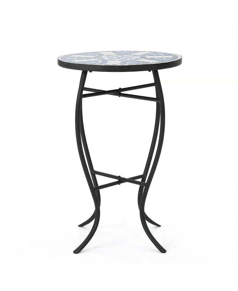 Clihome Outdoor Round Side Table with Mosaic-Style Top and Curved Iron Legs, End Table