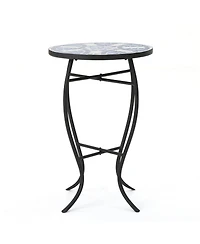 Clihome Outdoor Round Side Table with Mosaic-Style Top and Curved Iron Legs, End Table