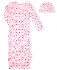 Max & Olivia Baby Girls' Printed Long-Sleeve Gown and Hat, 2-Piece Set