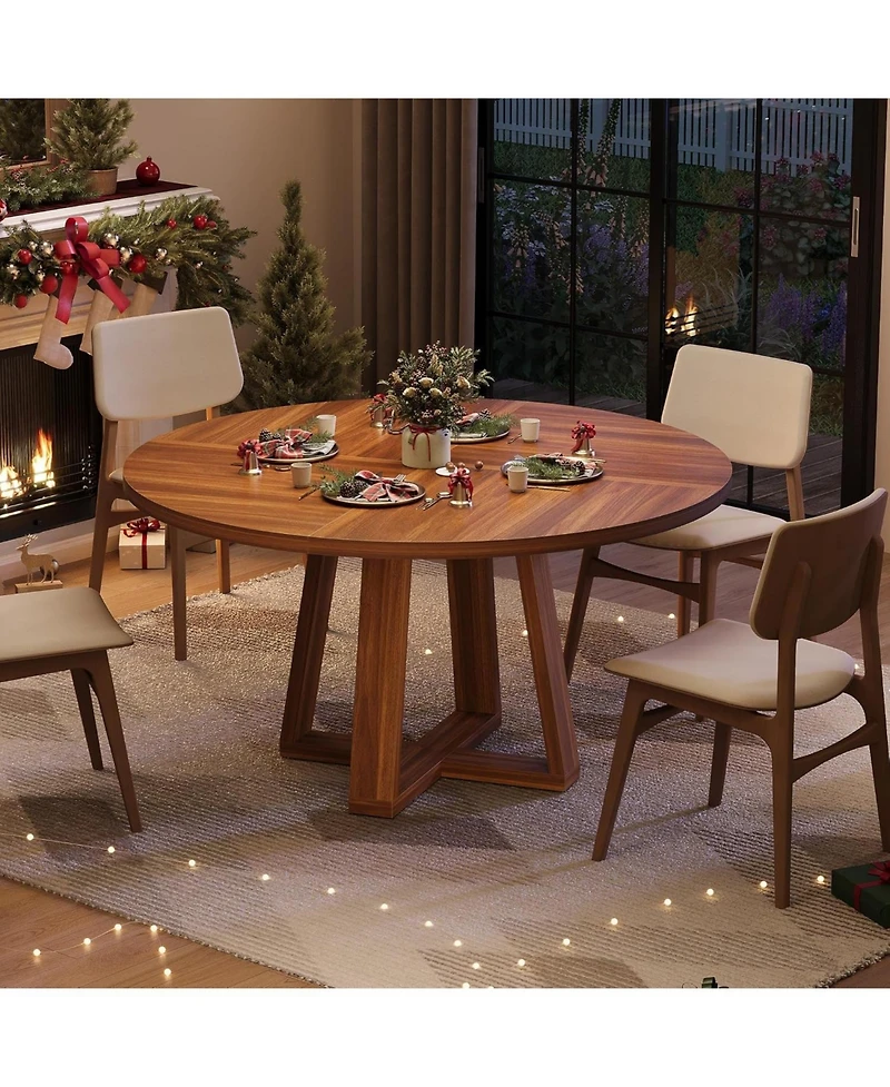 gaomon Dining Table for 4-6 People, Circle Kitchen Table with Cross Base, Farmhouse Wood Dinner Table for Apartment, Walnut Brown