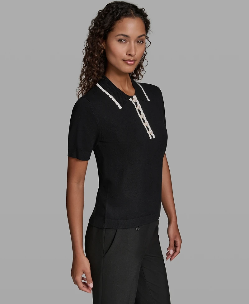 Karl Lagerfeld Paris Women's Short-Sleeve Collared Sweater