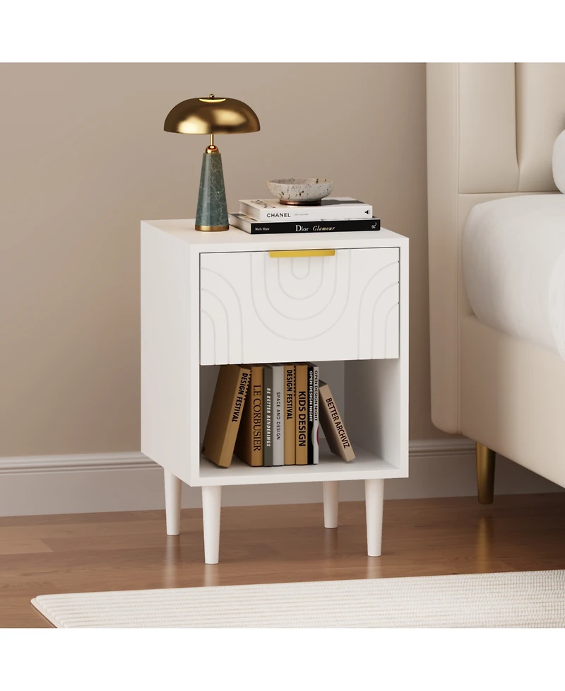 sumyeg Modern White Nightstand with Gold Handle One Drawer and Open Shelf