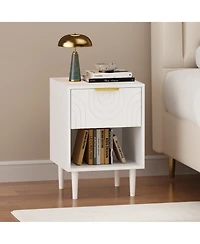 sumyeg Modern White Nightstand with Gold Handle One Drawer and Open Shelf