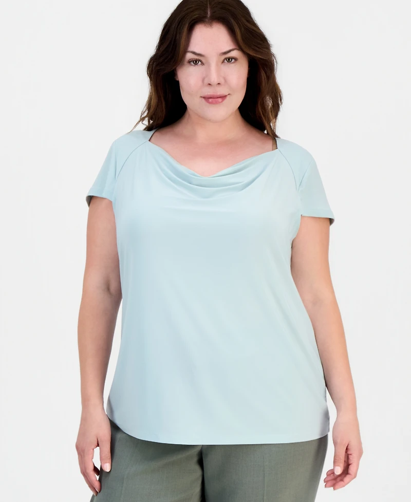 Kasper Plus Cowlneck Cap-Sleeve Top