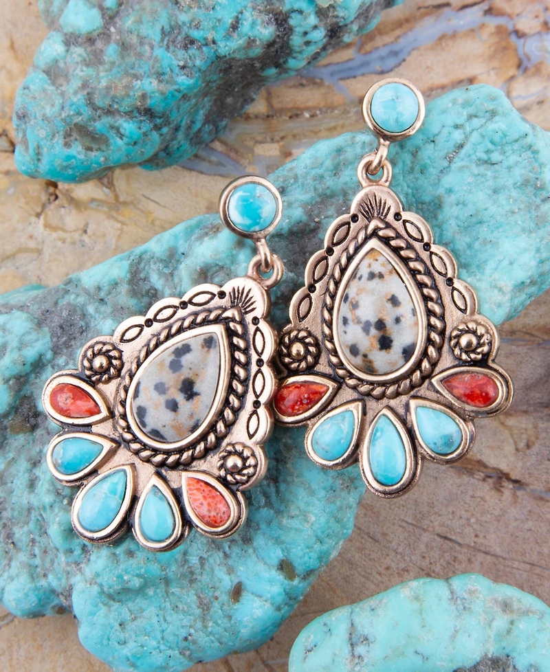 Barse Dalmatian Jasper Colorful Golden Drop Earrings