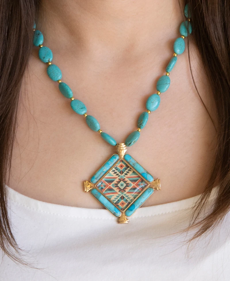 Barse Native Weave Blue Turquoise Golden Pendant Necklace