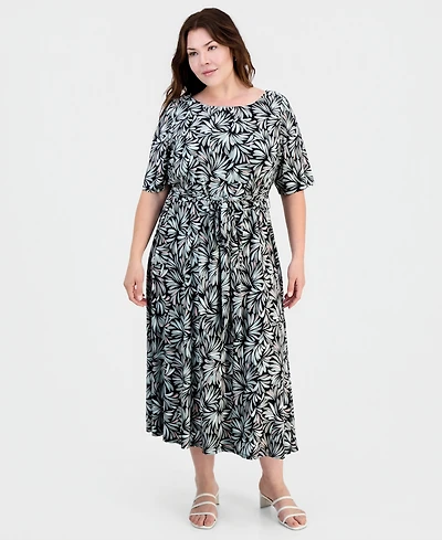 Kasper Plus Printed Elbow-Sleeve Midi Dress