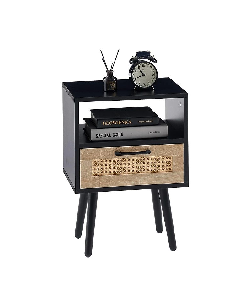 sumyeg Modern Rattan End Table with Drawer and Solid Wood Legs Nightstand Cabinet