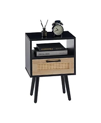 sumyeg Modern Rattan End Table with Drawer and Solid Wood Legs Nightstand Cabinet