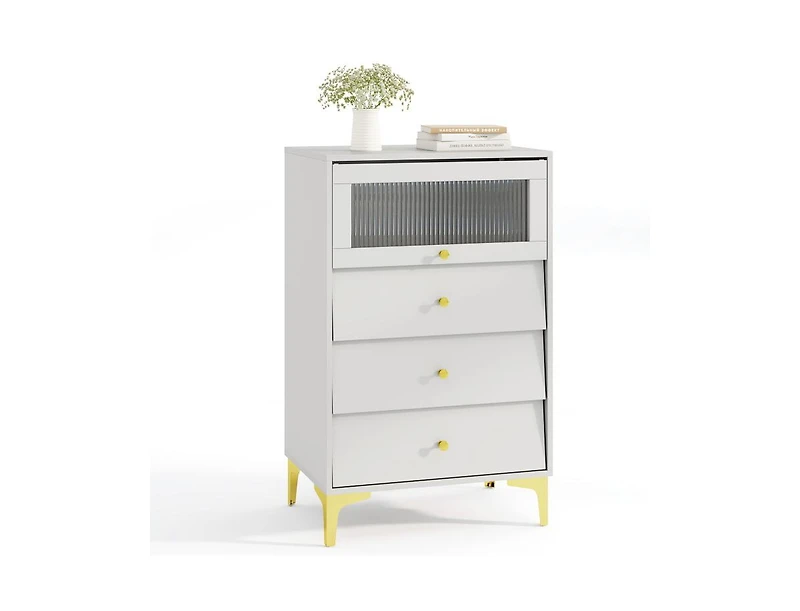 sumyeg Modern Storage Cabinet with Flip Up Fluted Glass Door and Pull-out Drawers