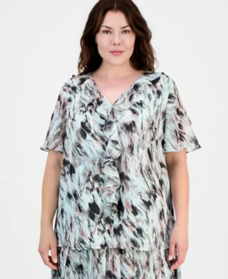 Kasper Plus Size Printed Ruffled Flutter Sleeve Blouse Printed Pull On Midi Skirt