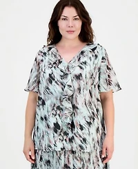 Kasper Plus Size Printed Ruffled Flutter Sleeve Blouse Printed Pull On Midi Skirt