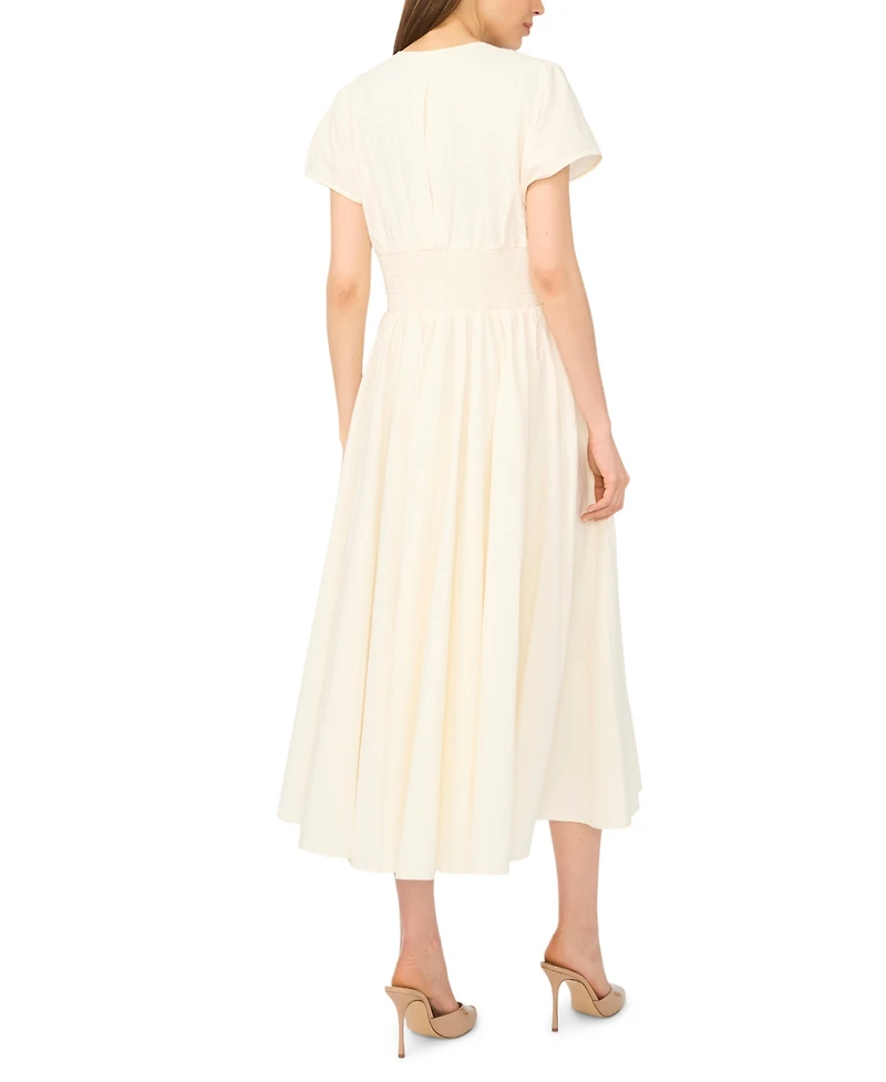 CeCe Women's V-Neck Short-Sleeve Cinch Waist Cotton Midi Dress