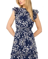 CeCe Women's Flutter-Sleeve Crewneck Smocked Waist Midi Dress