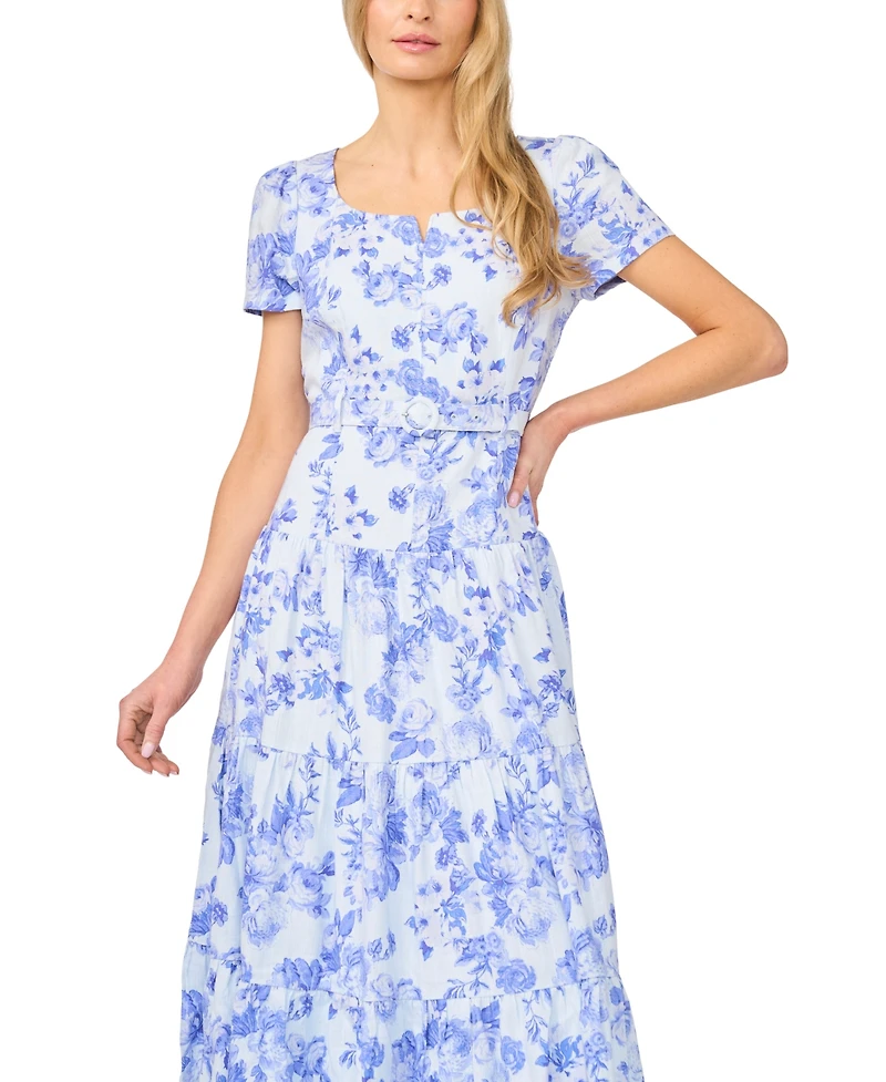 CeCe Women's Short-Sleeve Square Neck Tiered Midi Dress