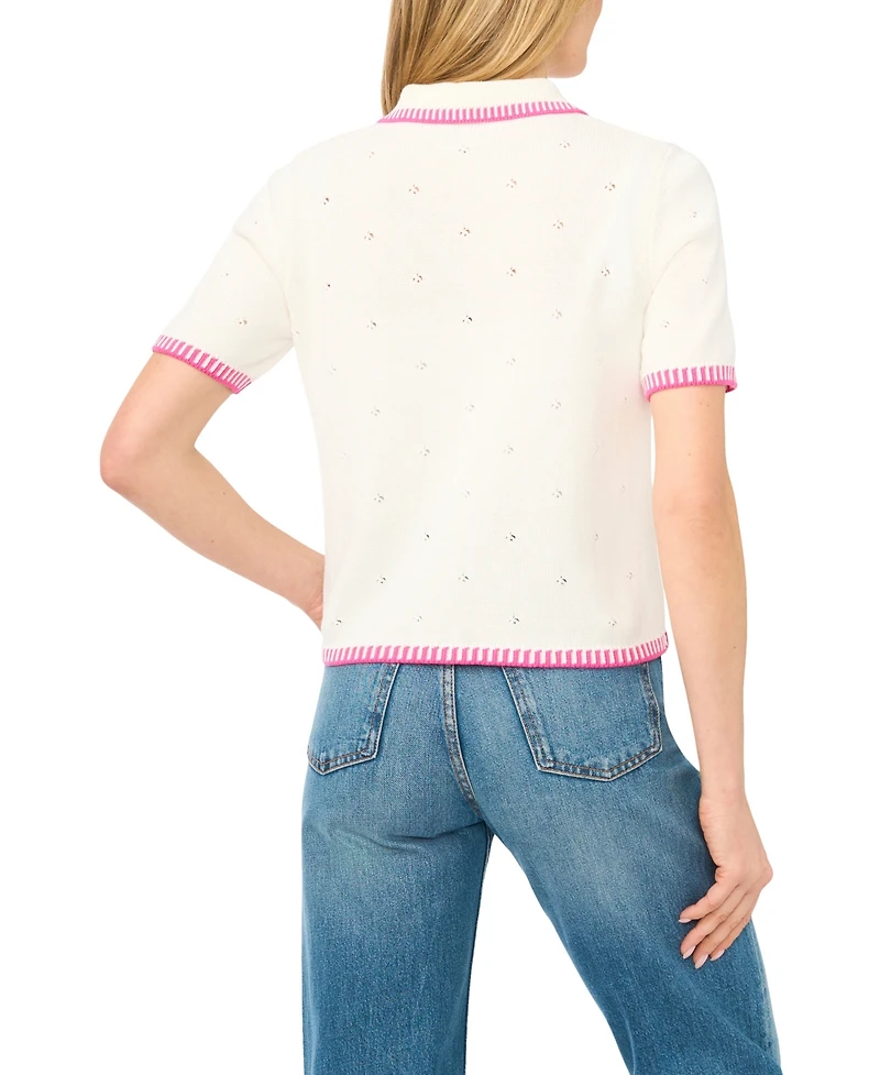 CeCe Women's Pointelle Short-Sleeve Collared Cotton Cardigan