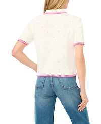 CeCe Women's Pointelle Short-Sleeve Collared Cotton Cardigan