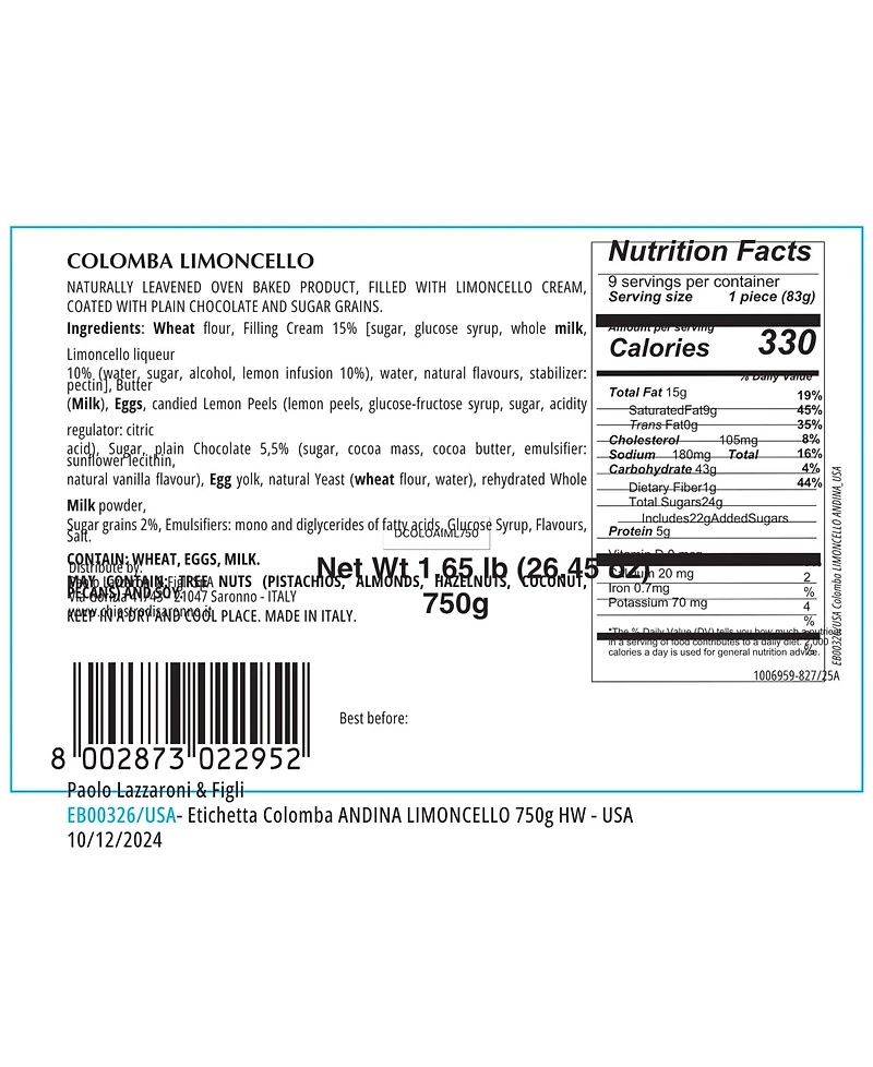 Chiostro di Saronno Zia Pia Limoncello Cream Colomba Easter Cake, 26.5 oz.