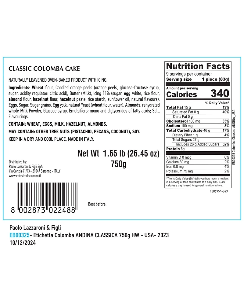 Chiostro di Saronno Zia Pia Classic Colomba Easter Cake, 24.7 oz.