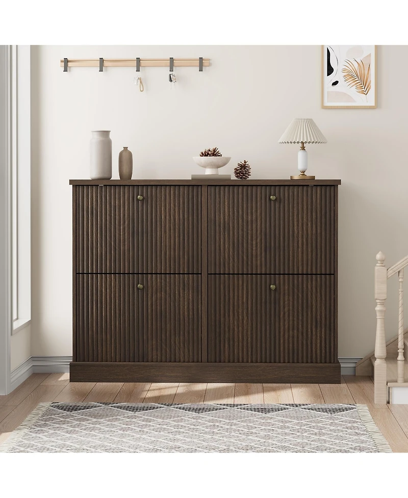 homfan Fluted Shoe Cabinet with 4 Flip Drawers, Adjustable Shelves and Hidden Entryway Storage