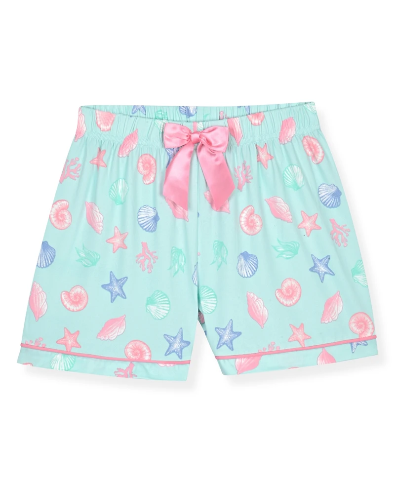 Max & Olivia Girls' 6-16 Aqua Seashell Top and Shorts Sleep Play, with Scrunchie, 3-Piece Set