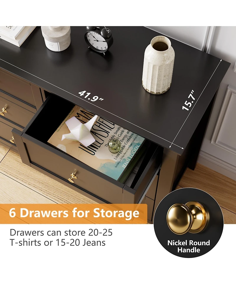 homfan Modern 6-Drawer Double Dresser with Reinforced Steel Frame and Anti-Tip Safety, 42"W Contemporary Bedroom Chest of Drawers for Small Spaces