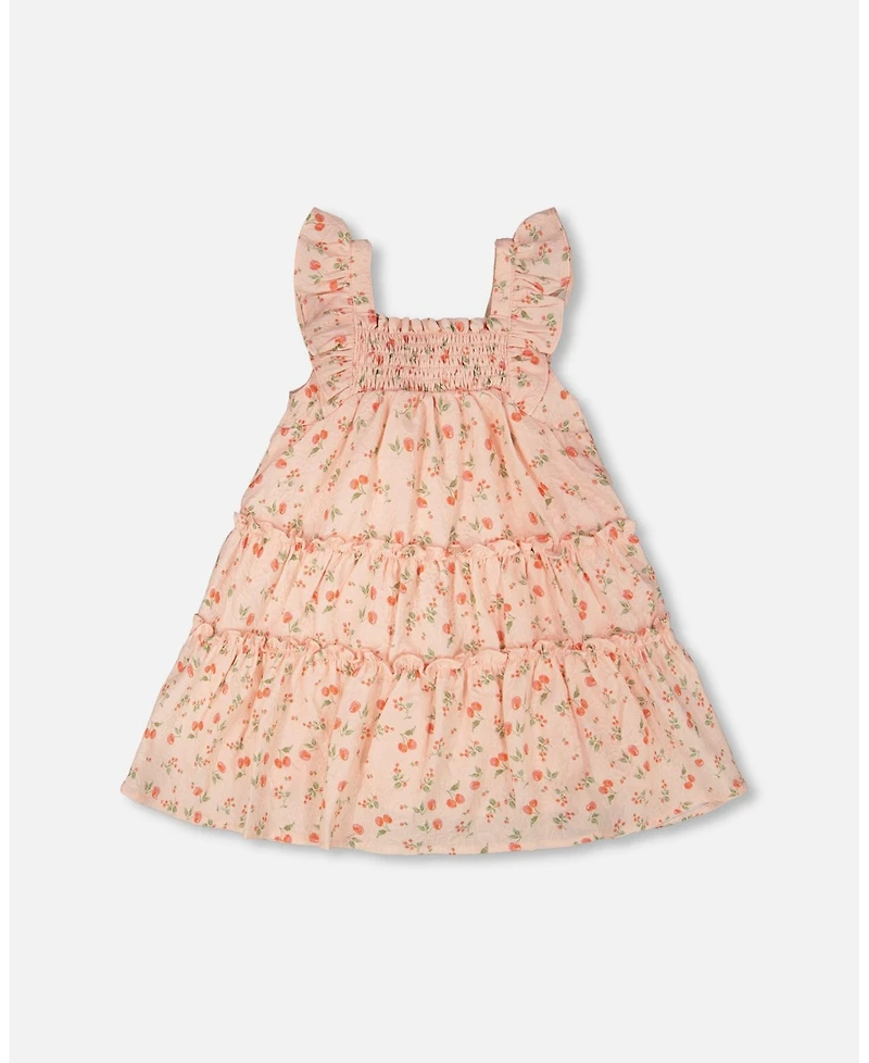 Deux par Deux Little Girls Multi-Tiered Dress with Smocking Pink Printed Flowers