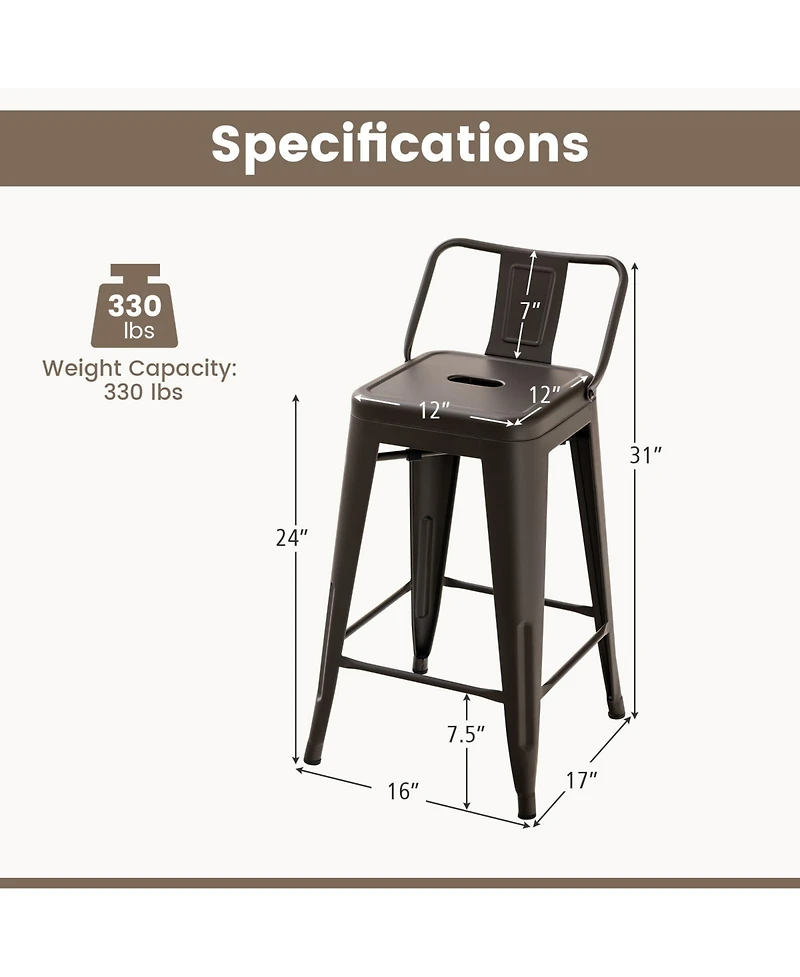 Gouun 24 in Metal Counter Height Stackable Chair Set of 4 with Removable Back and Footrest