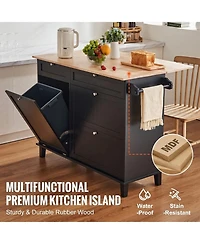 Sugift 50in Wood Top Kitchen Island Cart with Trash Cabinet and 4 Drawers Farmhouse Dining Table