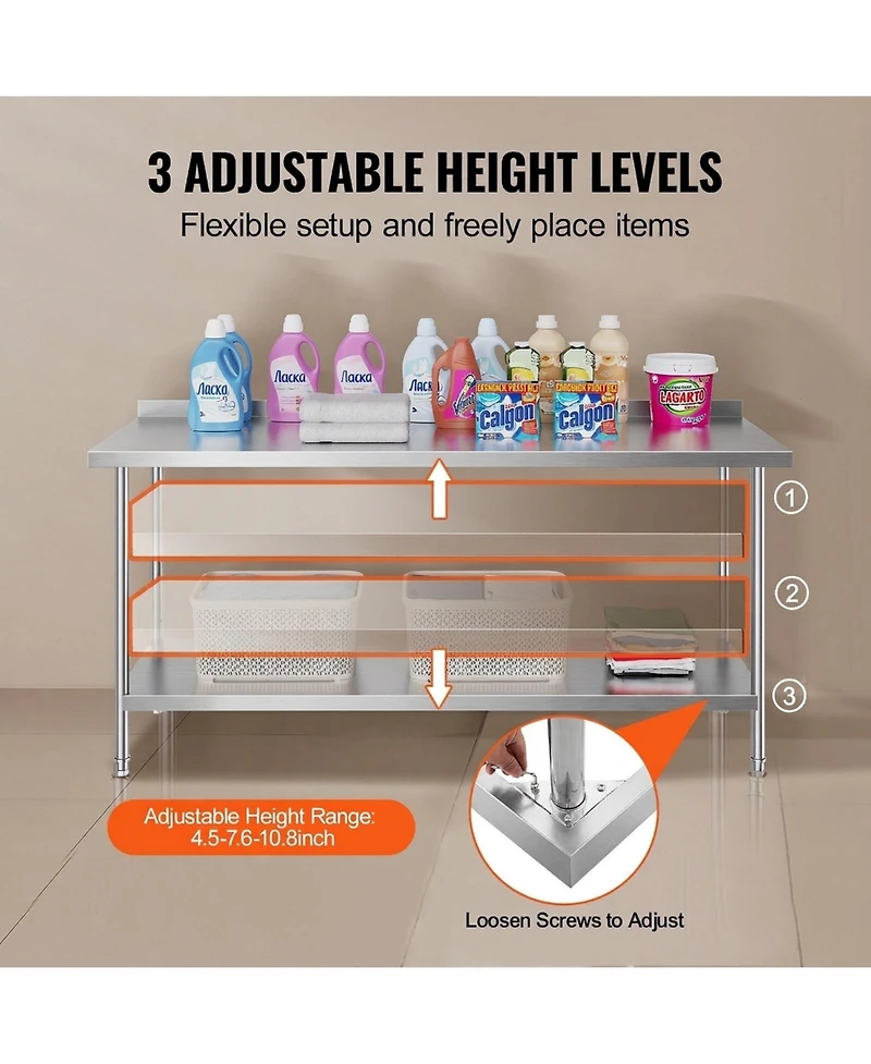 Sugift Stainless Steel Heavy Duty Prep Work Table 24 x 72 x 36 in for Kitchen